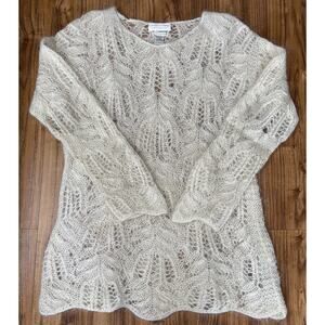Casual Corner M FLUFFY 73% Mohair HandKnit Oversize Ivory Lacy‎ Tunic Sweater L